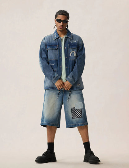 EVISU - SASHIKO PATCH DENIM SHORTS