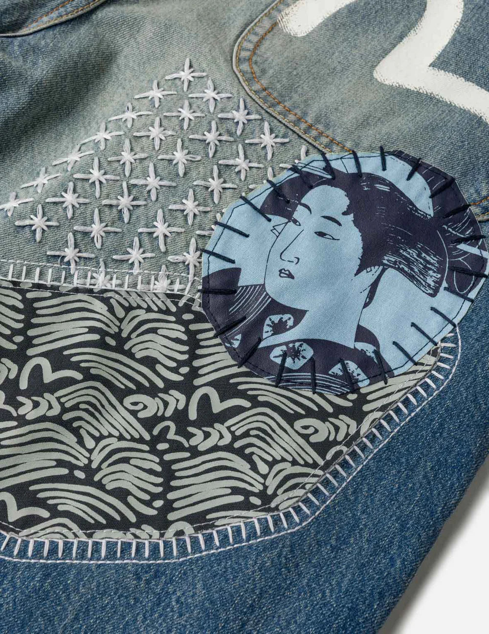 EVISU - SASHIKO PATCH DENIM SHORTS