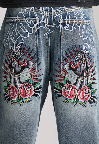ED HARDY - EMBROIDERED PANTHER RELAXED JEANS