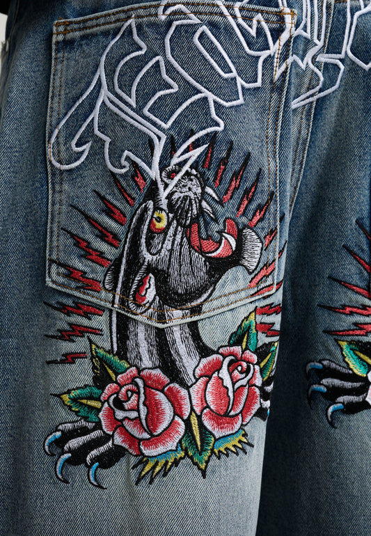 ED HARDY - EMBROIDERED PANTHER RELAXED JEANS