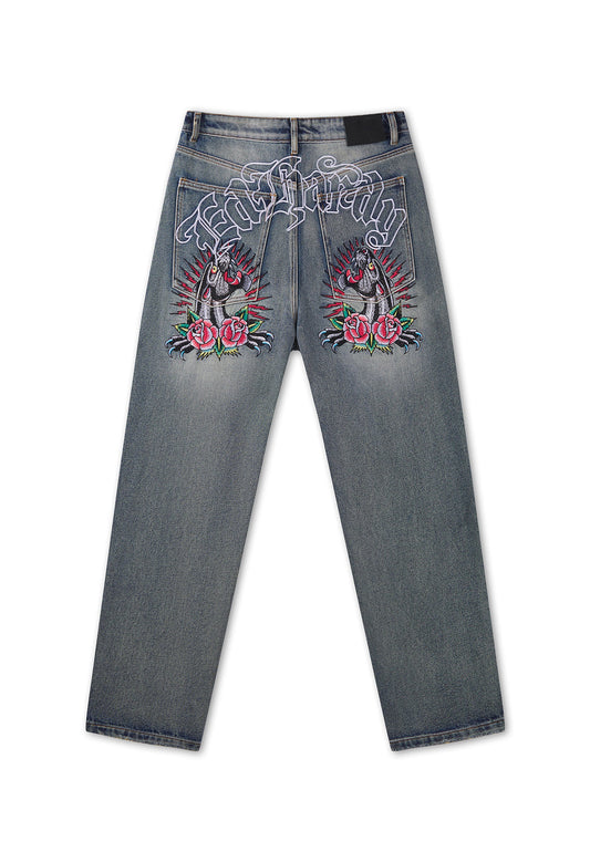 ED HARDY - EMBROIDERED PANTHER RELAXED JEANS