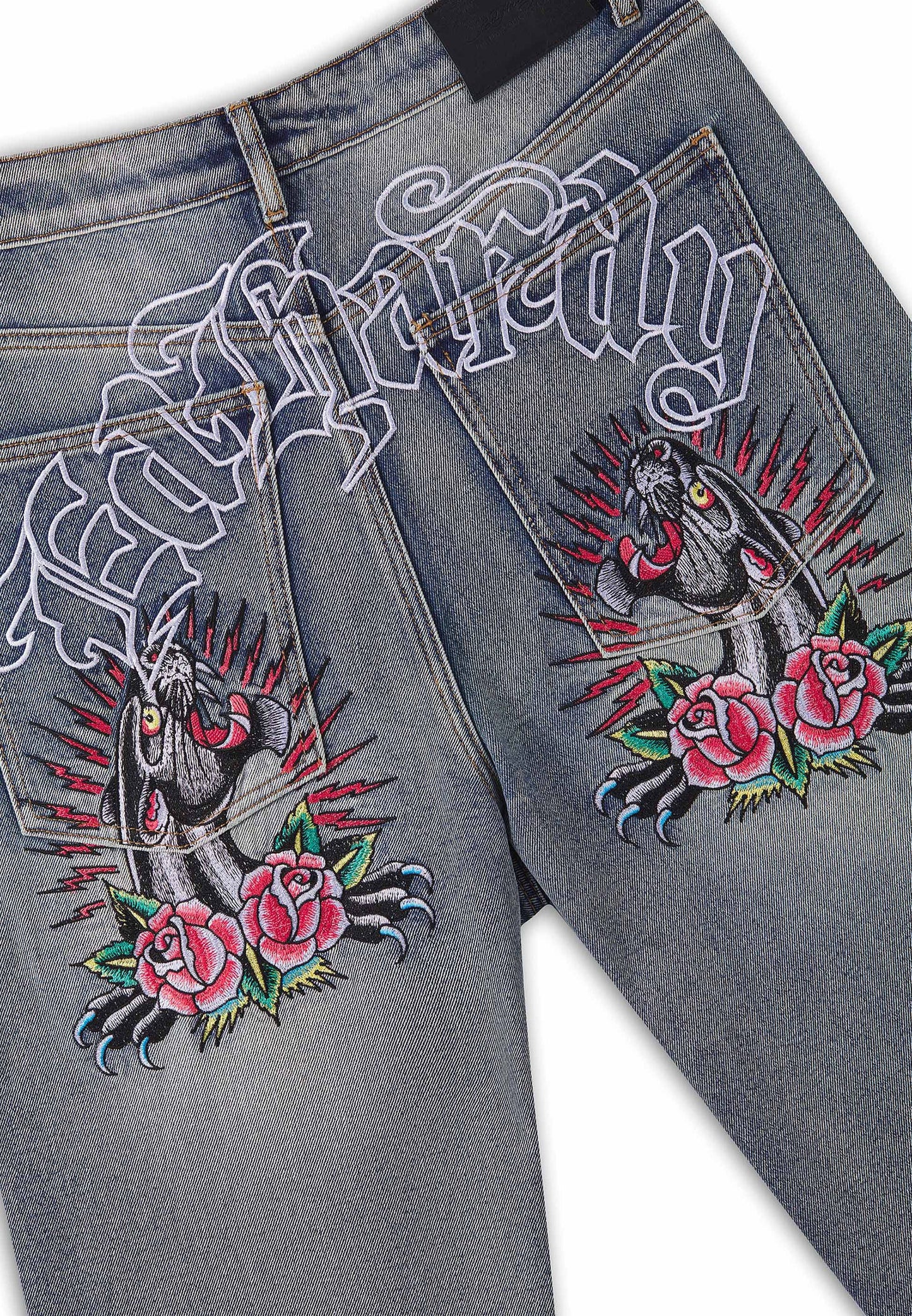 ED HARDY - EMBROIDERED PANTHER RELAXED JEANS