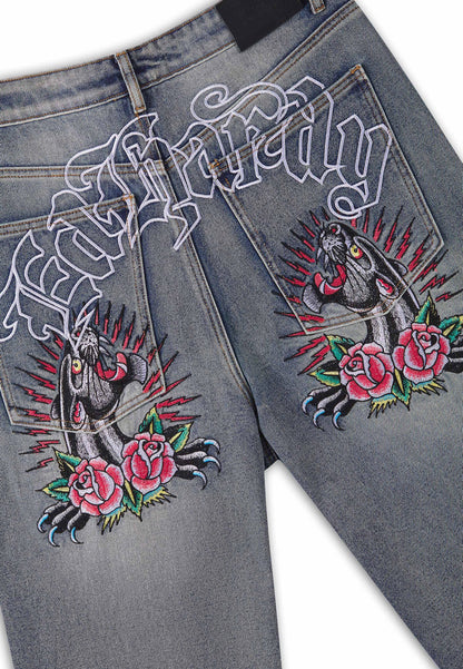 ED HARDY - EMBROIDERED PANTHER RELAXED JEANS